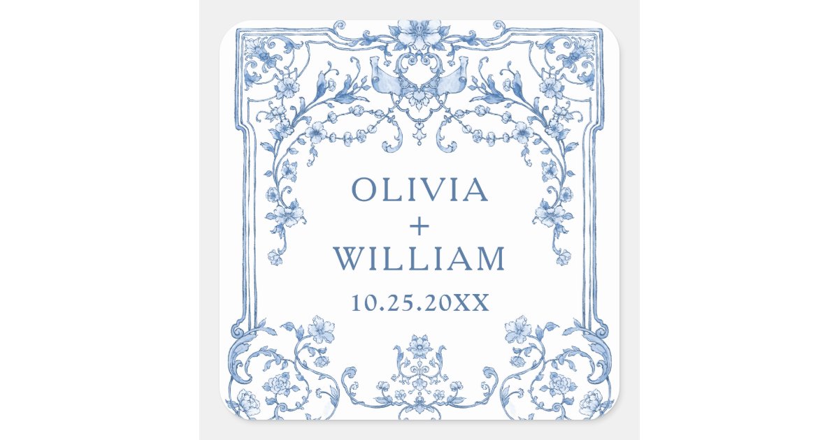 Victorian Ornate Grace Floral Dusty Blue Wedding Square Sticker | Zazzle