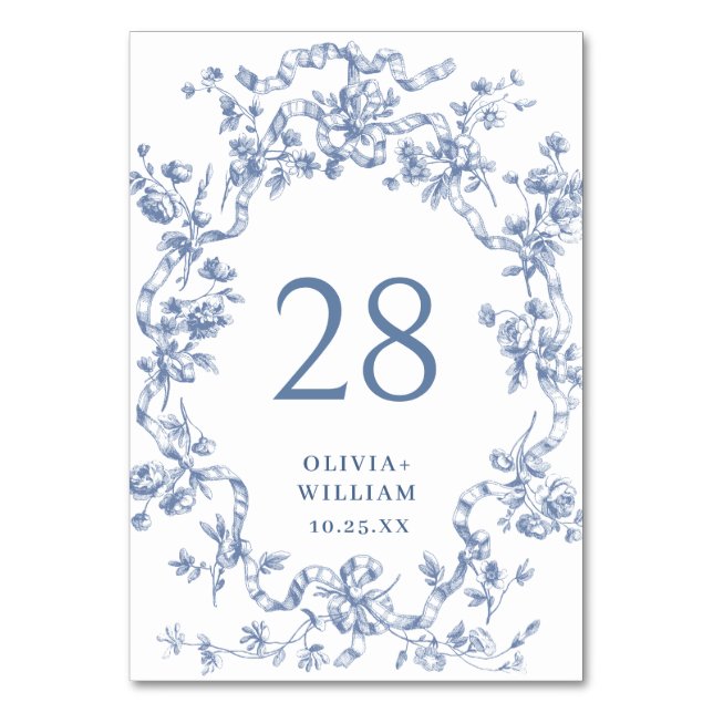 Victorian Ornate Grace Floral Dusty Blue Wedding Table Number (Front)