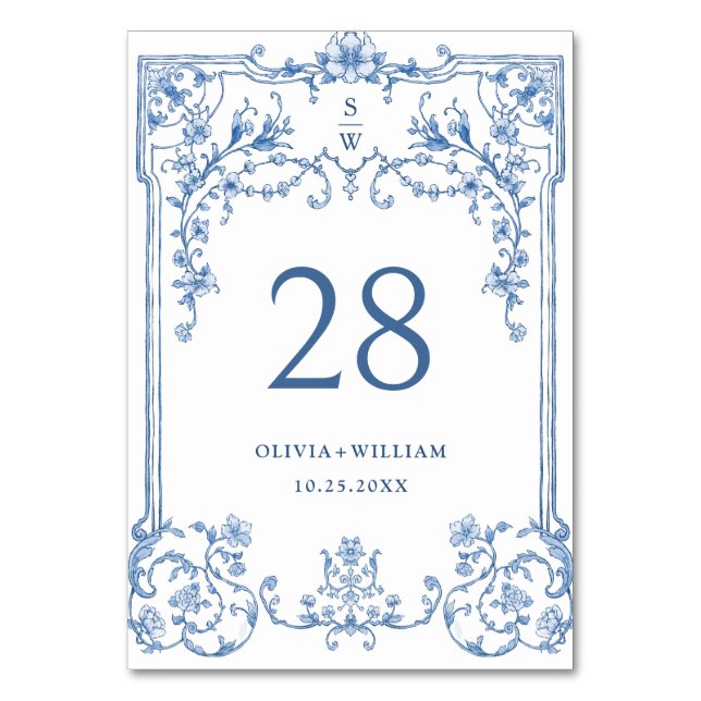 Victorian Ornate Grace Floral Dusty Blue Wedding Table Number (Front)