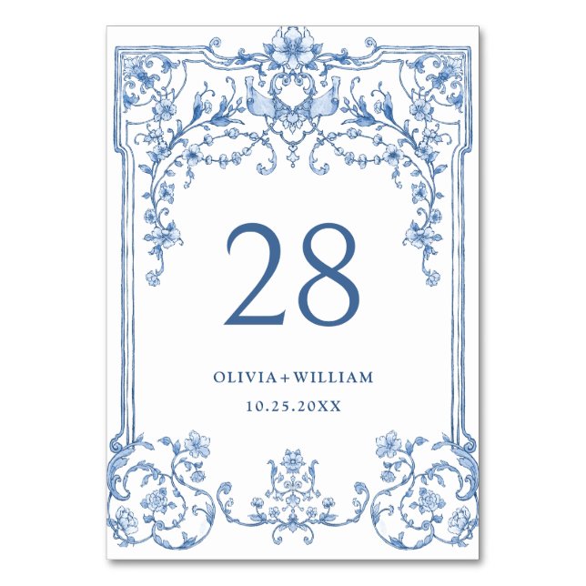 Victorian Ornate Grace Floral Dusty Blue Wedding Table Number (Front)