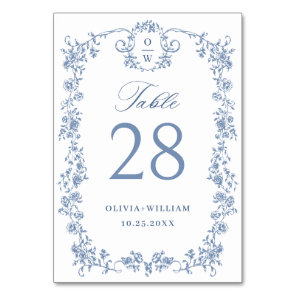 Victorian Ornate Grace Floral Dusty Blue Wedding Table Number
