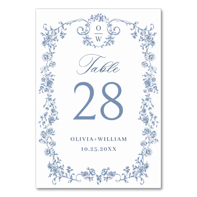 Victorian Ornate Grace Floral Dusty Blue Wedding Table Number | Zazzle
