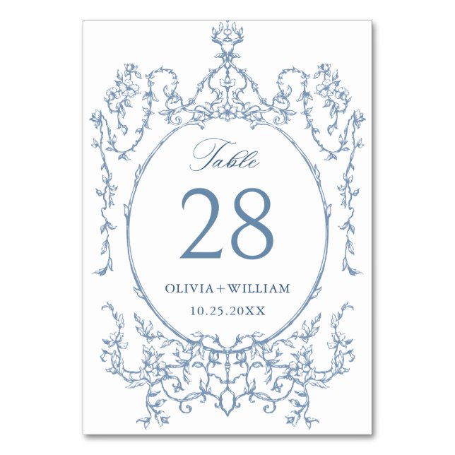 Victorian Ornate Grace Floral Dusty Blue Wedding Table Number (Front)
