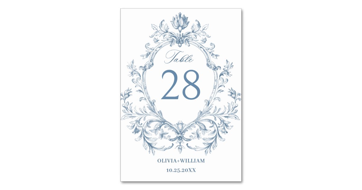 Victorian Ornate Grace Floral Dusty Blue Wedding Table Number | Zazzle