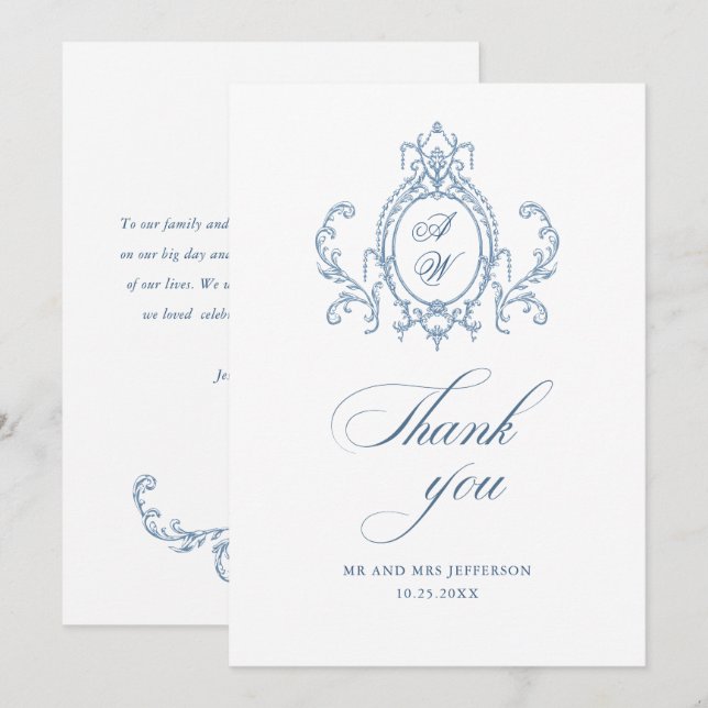 Victorian Ornate Grace Floral Dusty Blue Wedding Thank You Card (Front/Back)