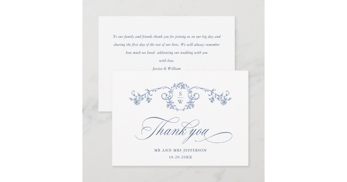 Victorian Ornate Grace Floral Dusty Blue Wedding Thank You Card | Zazzle