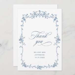Victorian Ornate Grace Floral Dusty Blue Wedding Thank You Card