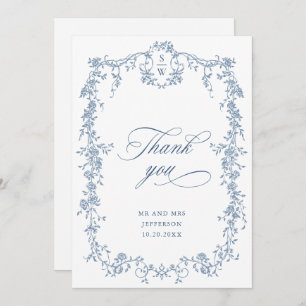 Victorian Ornate Grace Floral Dusty Blue Wedding Thank You Card