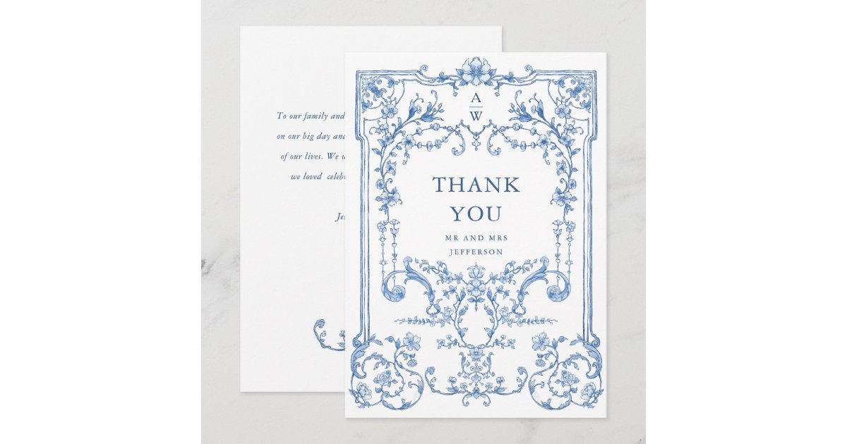 Victorian Ornate Grace Floral Dusty Blue Wedding Thank You Card | Zazzle