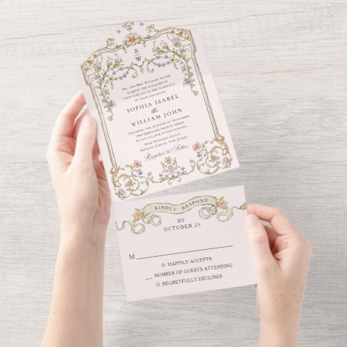 Victorian Ornate Grace Floral Frame Wedding All In One Invitation
