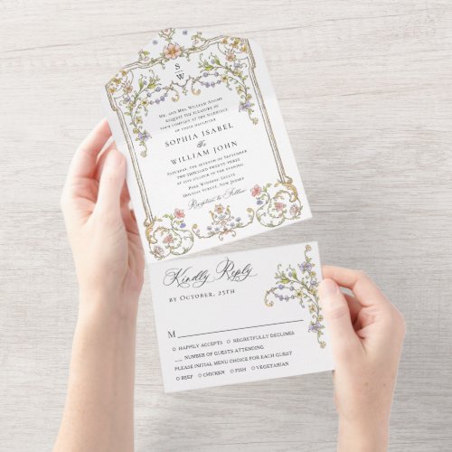 Victorian Ornate Grace Floral Frame Wedding All In One Invitation