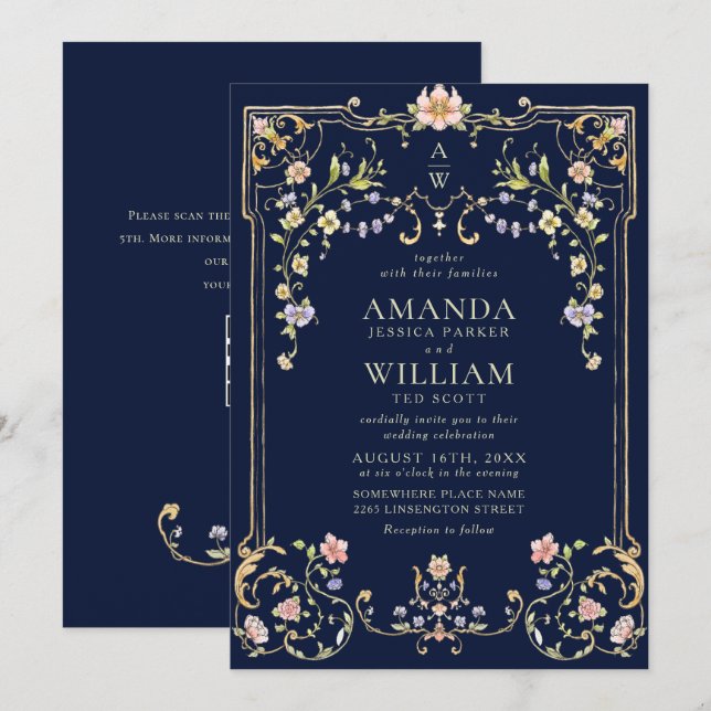 Victorian Ornate Grace Floral Frame Wedding Invitation (Front/Back)