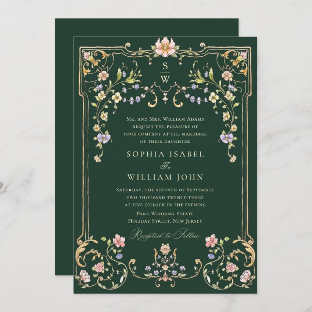 Victorian Ornate Grace Floral Frame Wedding Invitation (Front/Back)