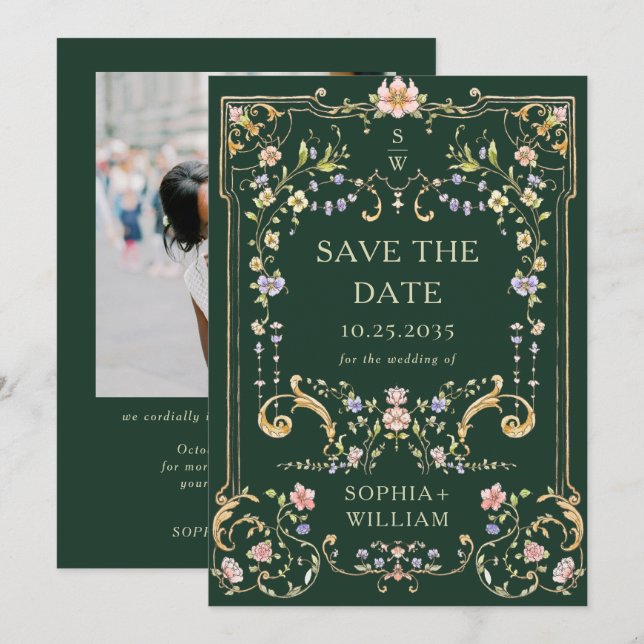 Victorian Ornate Grace Floral Frame Wedding Photo Save The Date (Front/Back)