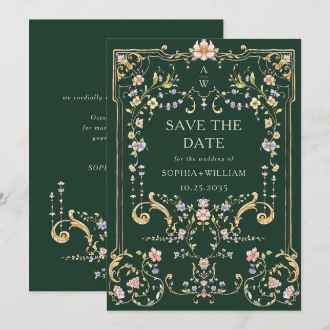 Victorian Ornate Grace Floral Frame Wedding Save The Date (Front/Back)