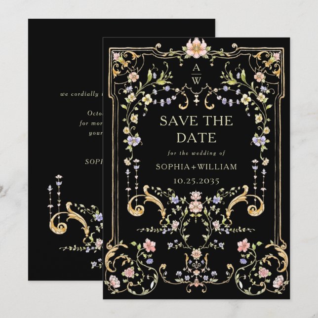Victorian Ornate Grace Floral Frame Wedding Save The Date (Front/Back)