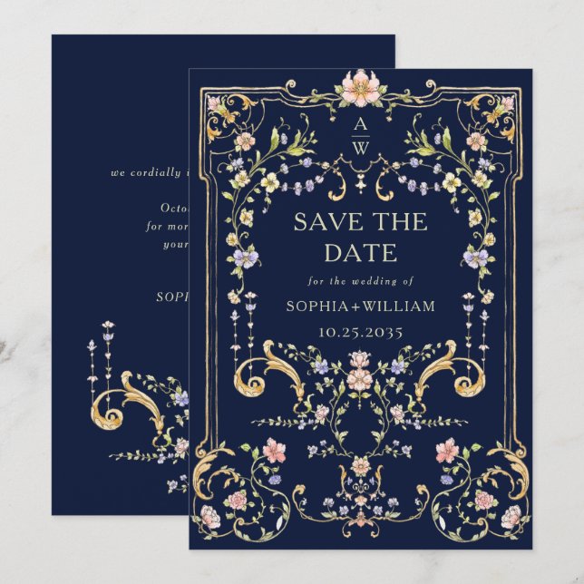 Victorian Ornate Grace Floral Frame Wedding Save The Date (Front/Back)