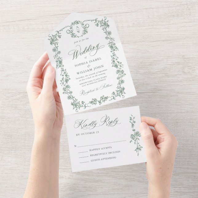 Victorian Ornate Grace Floral Sage Green Wedding All In One Invitation (Tearaway)