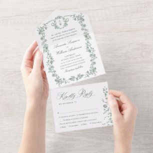 Victorian Ornate Grace Floral Sage Green Wedding All In One Invitation