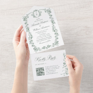 Victorian Ornate Grace Floral Sage Green Wedding All In One Invitation