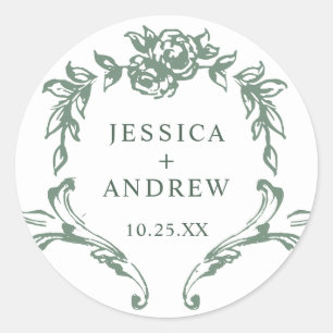 Victorian Ornate Grace Floral Sage Green Wedding Classic Round Sticker
