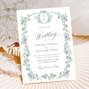 Victorian Ornate Grace Floral Sage Green Wedding Invitation