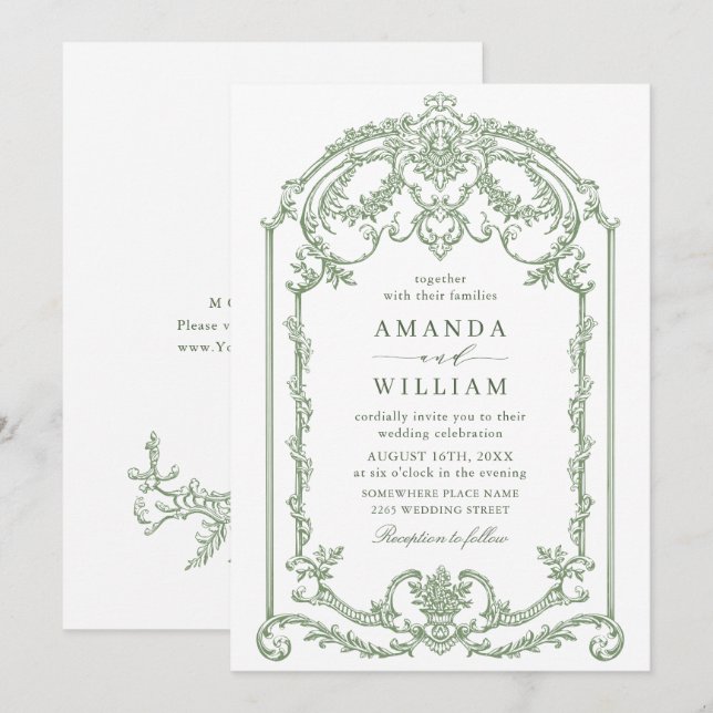 Victorian Ornate Grace Floral Sage Green Wedding Invitation (Front/Back)