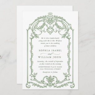 Victorian Ornate Grace Floral Sage Green Wedding Invitation