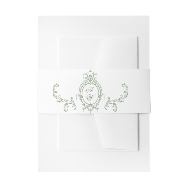 Victorian Ornate Grace Floral Sage Green Wedding Invitation Belly Band (Front Example)