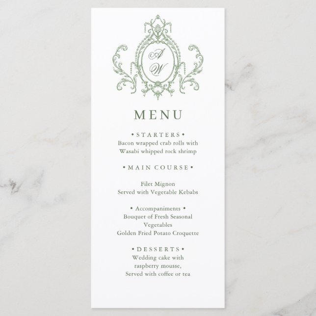 Victorian Ornate Grace Floral Sage Green Wedding Menu (Front)