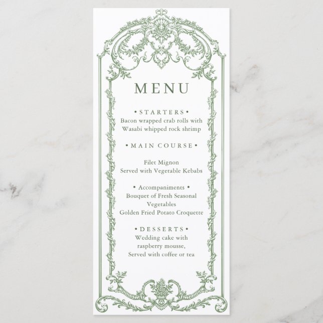 Victorian Ornate Grace Floral Sage Green Wedding Menu (Front)