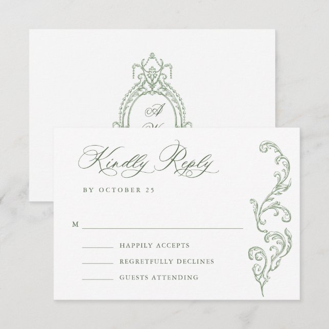Victorian Ornate Grace Floral Sage Green Wedding RSVP Card (Front/Back)