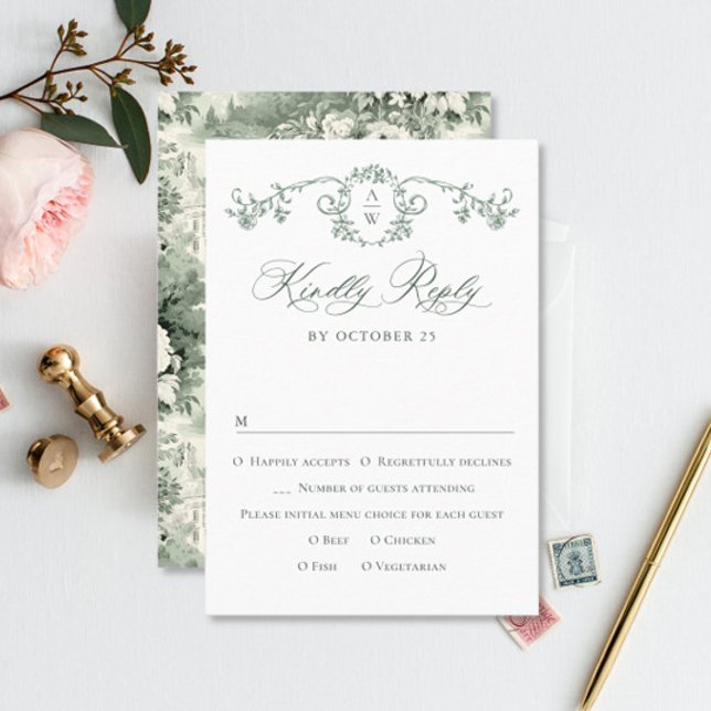 Victorian Ornate Grace Floral Sage Green Wedding RSVP Card (Creator Uploaded)