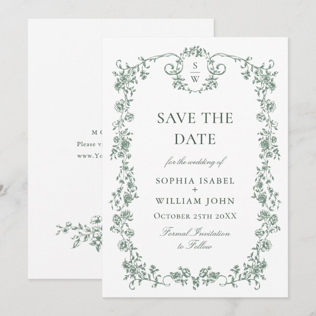 Victorian Ornate Grace Floral Sage Green Wedding Save The Date (Front/Back)