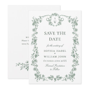 Victorian Ornate Grace Floral Sage Green Wedding Save The Date