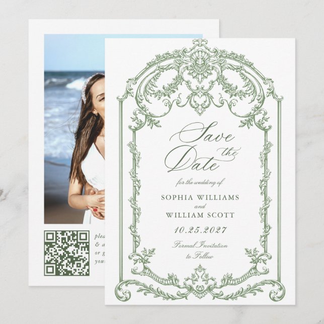 Victorian Ornate Grace Floral Sage Green Wedding Save The Date (Front/Back)