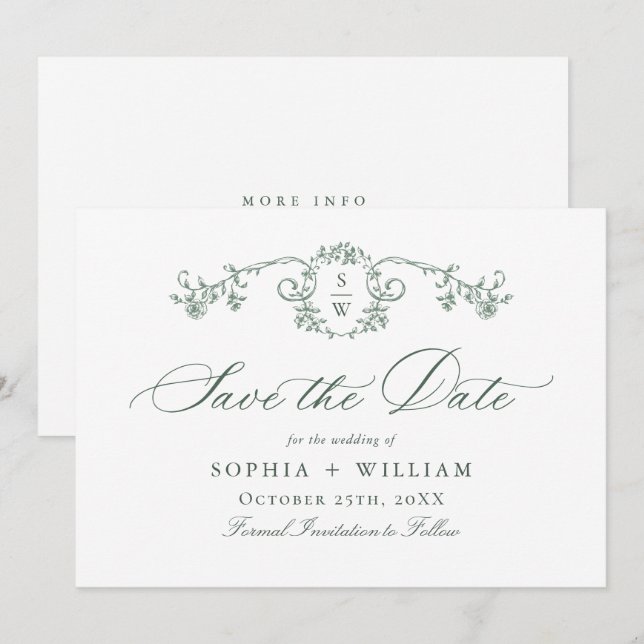 Victorian Ornate Grace Floral Sage Green Wedding Save The Date (Front/Back)