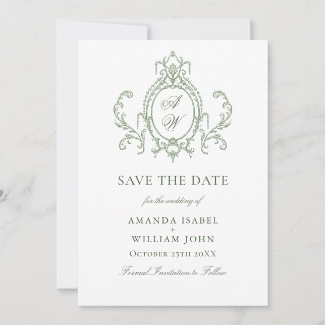 Victorian Ornate Grace Floral Sage Green Wedding Save The Date (Front)