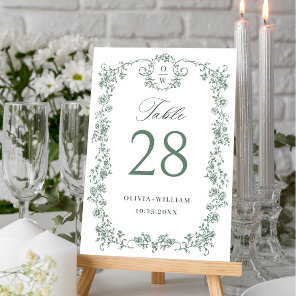 Victorian Ornate Grace Floral Sage Green Wedding Table Number