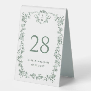 Victorian Ornate Grace Floral Sage Green Wedding Table Tent