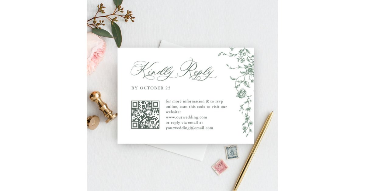 Victorian Ornate Grace Floral Sage QR code Wedding RSVP Card | Zazzle
