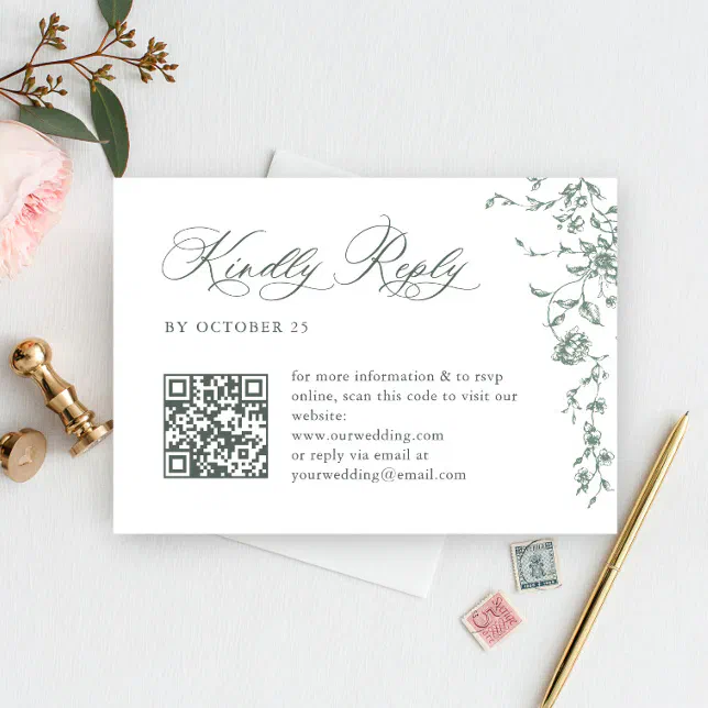 Victorian Ornate Grace Floral Sage QR code Wedding RSVP Card | Zazzle