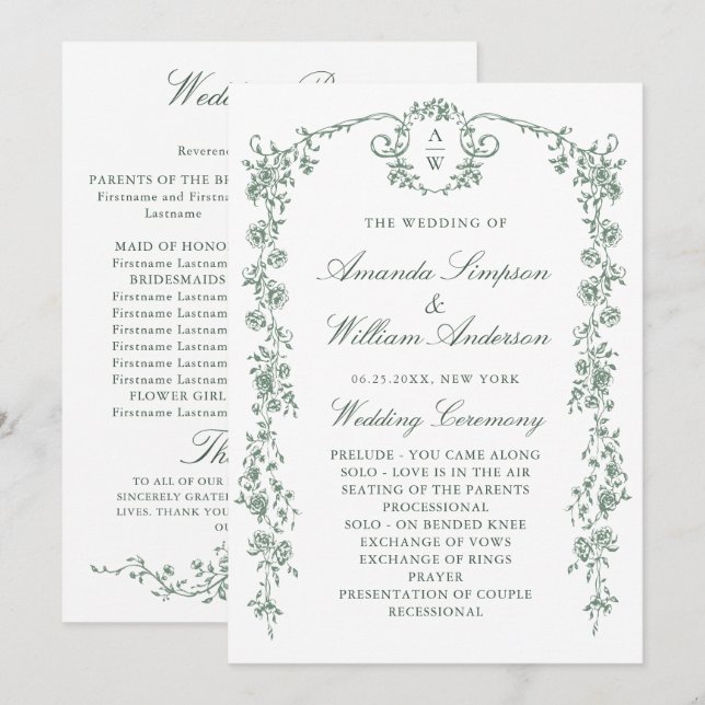 Victorian Ornate Grace Floral Wedding Ceremony Program (Front/Back)
