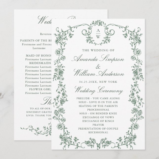 Victorian Ornate Grace Floral Wedding Ceremony Program (Front/Back)