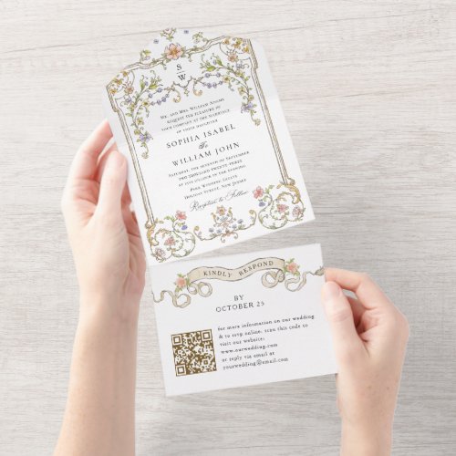 Victorian Ornate Grace Floral Wedding QR code All In One Invitation