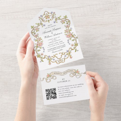 Victorian Ornate Grace Floral Wedding QR code All In One Invitation