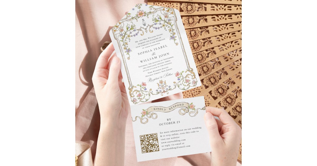 Victorian Ornate Grace Floral Wedding QR code All In One Invitation ...