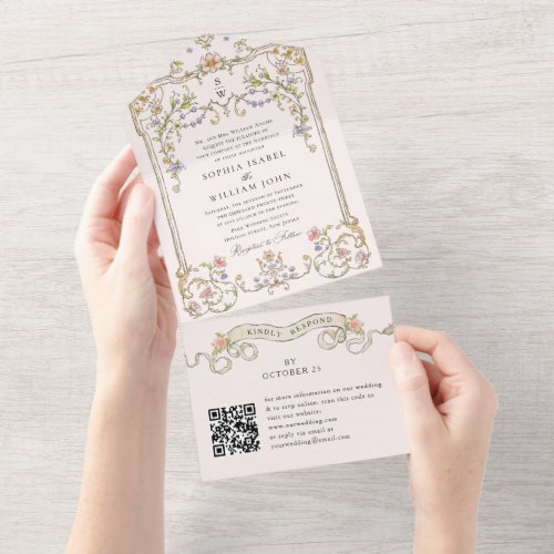 Victorian Ornate Grace Floral Wedding QR code All In One Invitation