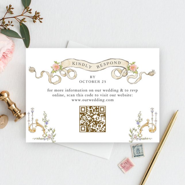 Victorian Ornate Grace Floral Wedding QR code RSVP Card (Creator Uploaded)