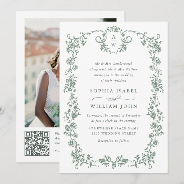 Victorian Ornate Grace Green Photo QR code Wedding Invitation (Front/Back)